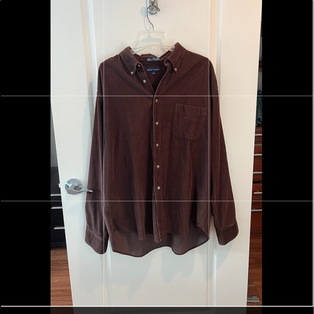 Grant Thomas Mens Loose Simple Solid Brown Corduroy Casual Long Sleeve Shirt